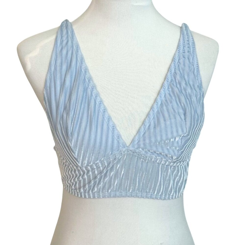 Victorias Secret PINK Bralette Top Size L Light Blue Chic Ribbed Velvet Deep V